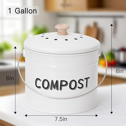 Compost Bin for Kitchen Counter, 1 Gallon Compost Bucket with Lid and Charcoal Filter, Countertop Composter, Rust Proof Indoor Food Waste Bin, White