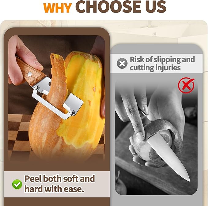 Multi-Functional Vegetable Peeler for Kitchen with Wooden Handle and Bottle Opene, Non-Slip Ergonomic Handles, Stainless Steel Blade Kitchen Tool for Vegetables or Fruits that Need to Be Peeled