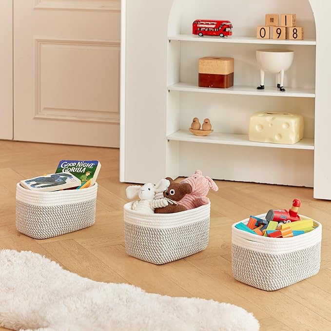Small Cotton Rope Basket – Storage Bin for Organizing (10.6" x 6.7" x 6.7"), Bathroom Storage Basket for Shelf, Counter & Closet（White & Mixed Grey）