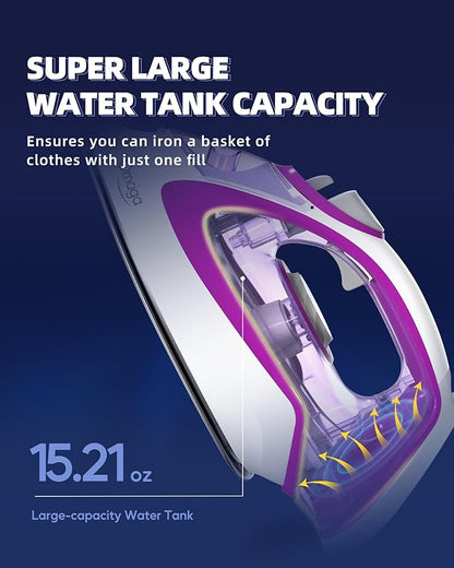 Steam Iron for Clothes, 1750W Iron with Rapid Heating, Non-Stick Ceramic Soleplate, Powerful Steam, Self-Cleaning, Auto-Off, Anti-Drip, 15.21oz Water Tank Ironing Clothes for Home, Purple