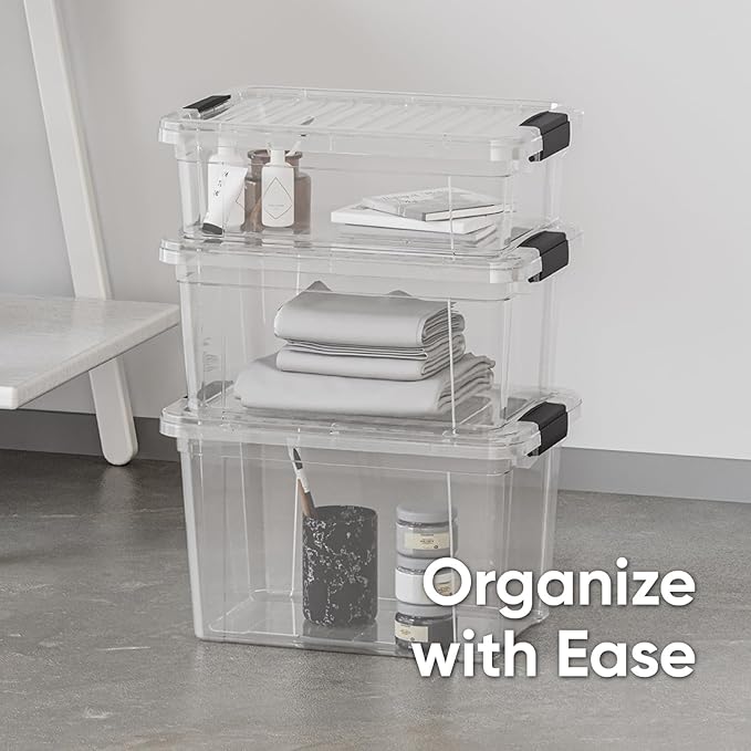 Superio Clear Storage Boxes with Lids, 4.75 Quart Plastic Container Bins for Organizing, Stackable Crates, BPA Free, Non Toxic, Odor Free, Organizers for Home, Office, School, and Dorm