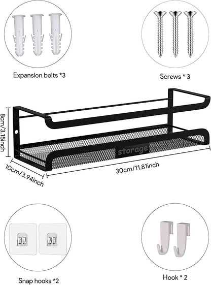 Spice Rack Wall Mount with Hooks - Spice Racks Organizer for Cabinet Storage, Wall Mounted Hanging Shelf Seasoning Organizer, for Kitchen, Pantry Door, Bathroom (Black, 1 Pack)