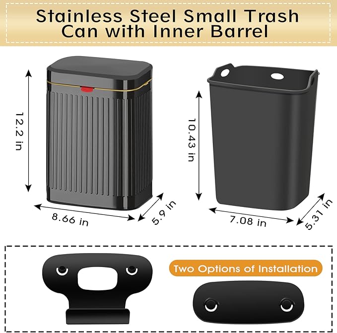 GloDeals Kitchen Hanging Trash Can with Lid, 2.1Gal/ 8L Stainless Steel Trash Can Compost Bin Counter Top, Wall-Mount Indoor Kitchen Trash Bin for Cabinet, Under Sink, Bathroom (Black)