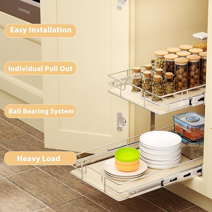 ROOMTEC 2 Tier Individual Pull Out Cabinet Organizer 13½"W x 21½"D, Slide Out Wood Shelves Organizers, Pull Out Drawers Organization and Storage for Kitchen Cabinet