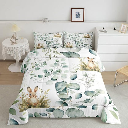 Erosebridal Girls Kawaii Animal Bedding King Size Cute Rabbit Comforter Set King, Cartoon Wildlife Duvet Insert Green Leaf Quilt Set, Spring Plant Bedding Comforters & Sets Child Kids Bedroom Decor
