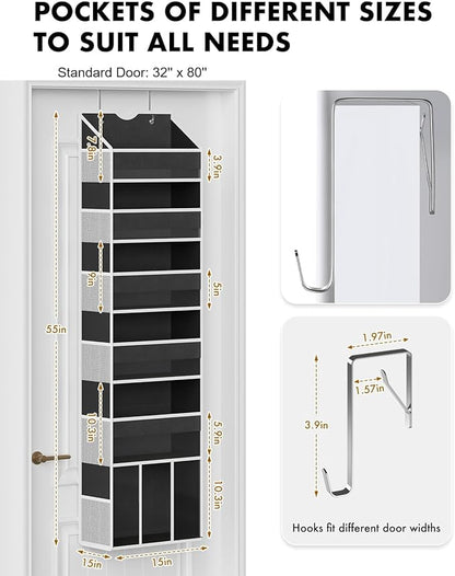 Over The Door Organizer Hanging - 6 Shelf Over Door Organizer with 6 Clear Front & 12 Side Pockets - 50LB Load Behind Storage for Closet Bedroom Bathroom Nursery Baby Essentials(Black)