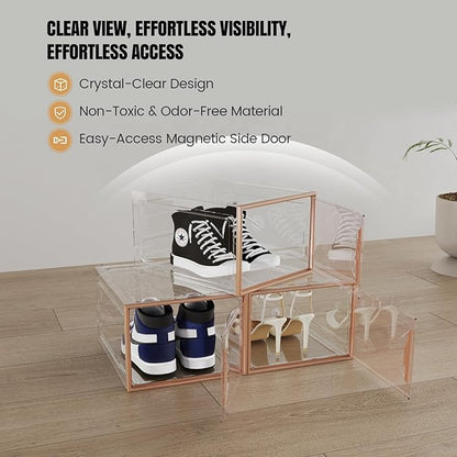 X-Large Stackable Shoe Boxes - Clear Plastic Shoe Storage Boxes with Magnetic Door, Thicken Shoe Organizer for Closet, Space Saving Foldable Shoe Containers Bins for Sneaker Boot - 8 Pack(Brown)