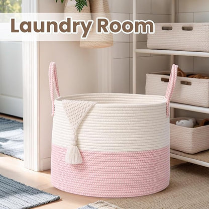 Woven Blanket Basket,115L Large Rope Storage Bin with Handles, Organizer for Blankets Toys Book and Clothes, Laundry Basket for Living Room Bedroom Nursery,White&Pink