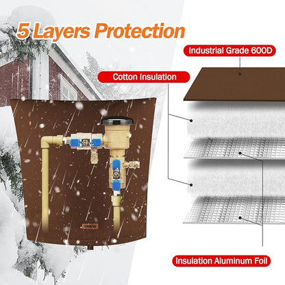 TOHONFOO Backflow Preventer Pipe Insulation Cover (5°F) - Irrigation Sprinkler Valve Insulated Pouch - Water Well Pump Cover - Sturdy 5 Layers for Winter Freeze Protection, 24" W x 26" H, Brown