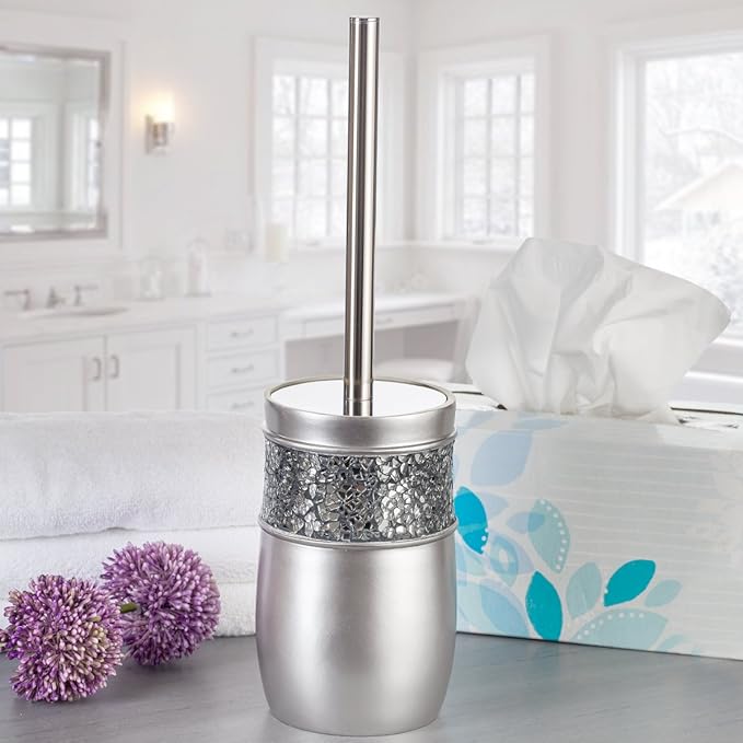 Crackled Glass Toilet Brush with Holder - Silver Toilet Bowl Cleaner Brush and Holder - Good Grip, Deep Cleaning, Decorative Design Compact Toilet Bowl Scrubber