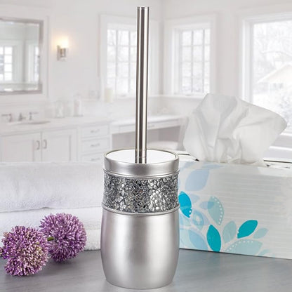 Crackled Glass Toilet Brush with Holder - Silver Toilet Bowl Cleaner Brush and Holder - Good Grip, Deep Cleaning, Decorative Design Compact Toilet Bowl Scrubber