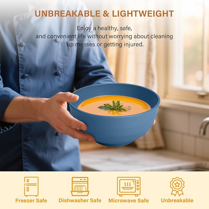 Homienly Deep Noodle Bowls Set of 8: 60oz Large Wheat Straw Bowls for Pho, Ramen & Salad, Lightweight & Unbreakable, Microwave Safe for Camping, Cereal & Soup (Blue)
