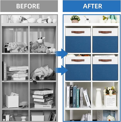 Temary Collapsible Storage Boxes - 12x12 Blue Cube Storage Bins with Handles for Organizing Home, White&Blue