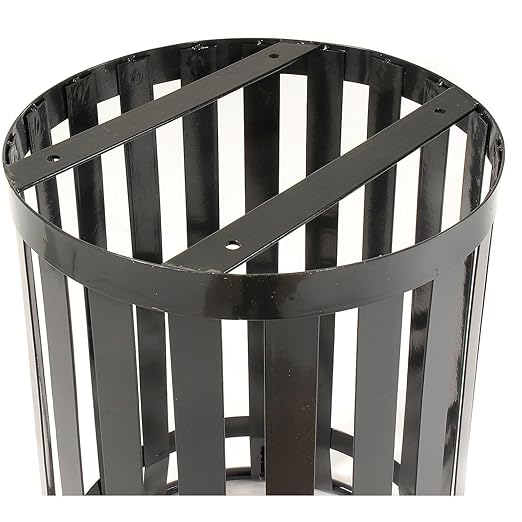 Global Industrial 36 Gallon Outdoor Slatted Steel Round Trash Can with Flat Lid, Plastic Liner & Anchor Kit Included, 28" W x 36" H, Commercial & Industrial Trash Can, Black