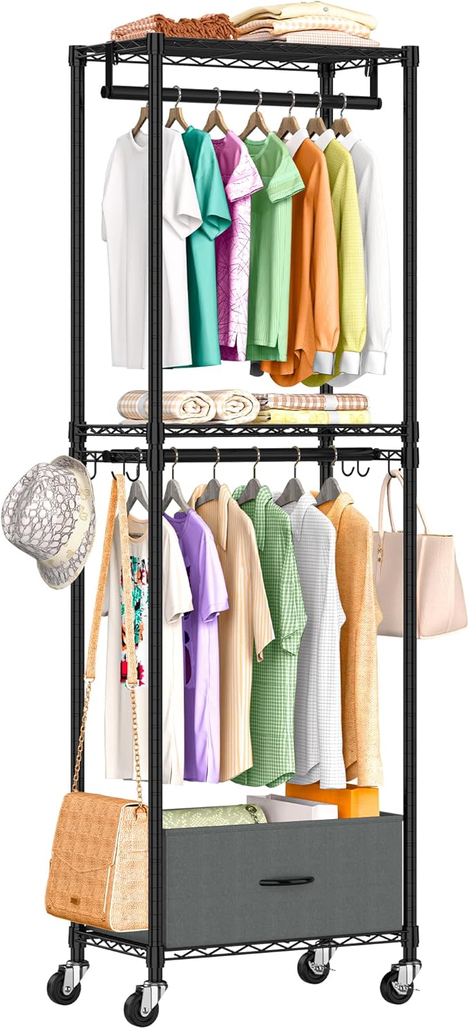 Clothes Rack with Drawers, Freestanding Rolling Garment Rack for Hanging Clothes, Closet Organizer Adjustable Metal Wire Shelving Wardrobe with Rods Portable Closet Shelf with Wheels, Black