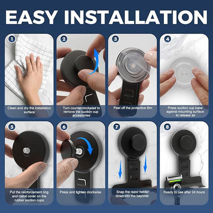 Suction Cup Razor Holder for Shower Wall 2 Pack,Heavy-Duty 15lbs Suction Hooks for Razor,Towel,Phone,Loofah, Removable Damage-Free Metal Shower Hook,Shaver Holder(Black)