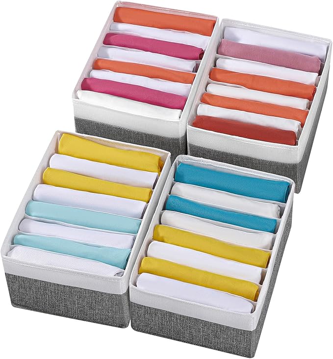 4 Packs T-shirt Drawer Organizers for Clothing,8 Grids Compartment Wardrobe Storage Box, Washable Clothes Organizer for Legging,Silk Scarve-12.59''x9.05''x5.9-GreyWhite