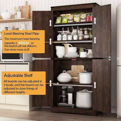 71in Farmhouse Kitchen Pantry Cabinet,Tall Storage Cabinet with 4 Doors and Adjustable shelves,with Load-Bearing Steel Pipe,Wood Storage Cabinets for Kitchen,Dining Room,Bathroom(Brown)