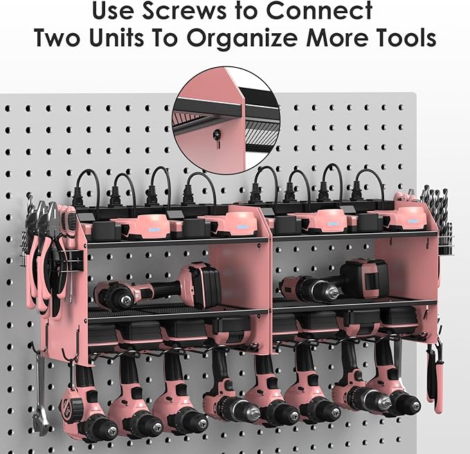 CCCEI Modular Power Tool Organizer Wall Mount with Charging Station. Garage Drill Storage Shelf with Hooks, Heavy Duty Rack, Tool Battery Holder Built in 8 Outlet. Gift for Men. Pink, 1 Pack.
