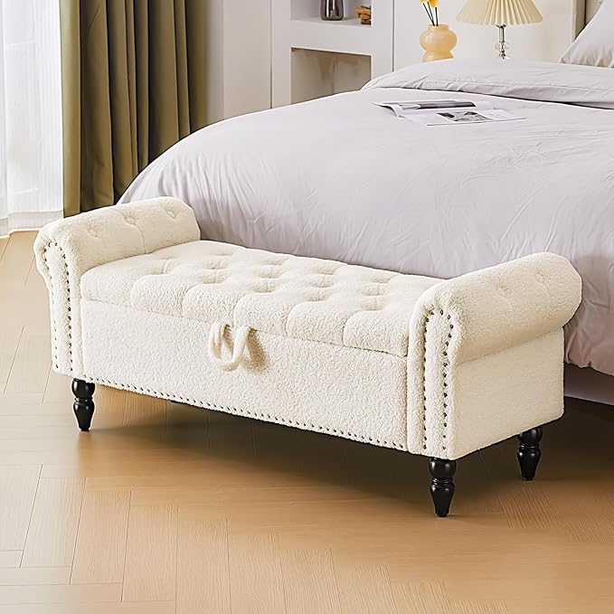 Furnimart Storage Ottoman Bench for Queen Size Bed, Faux Fur Upholstered Storage Bench Accent Bench with Rolled Arms for Bedroom,Living Room, Entryway, 2.5Cubic Feet