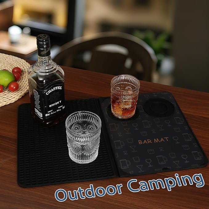 Foldable Bar Mat 18x12 inch - 3-in-1 Silicone Drying Mat with Removable Cutting Board & Rim Tray | Countertop Protector for Home, Outdoor, Travel | Professional Cocktail Accessories (Black)