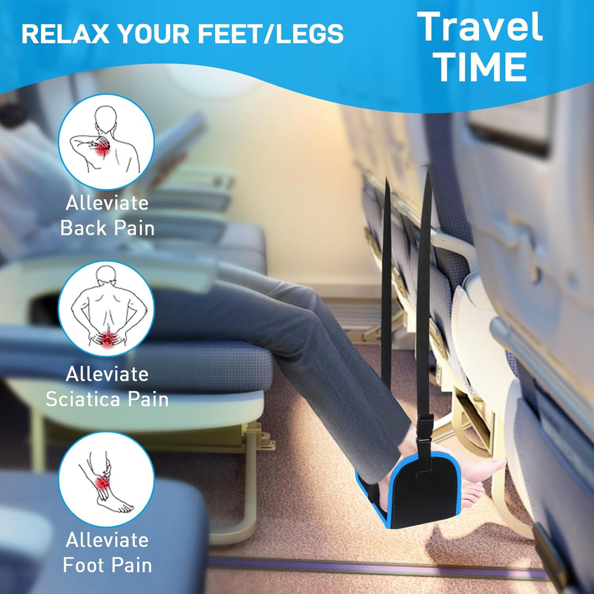 Airplane Foot Hammock, Foot Hammock for Travel Accessories with Ergonomic Removable Foot Divider Design, Airplane Foot Rest, Premium Comfortable Memory Foam & Hardboard for No Feet Clashing(Large)