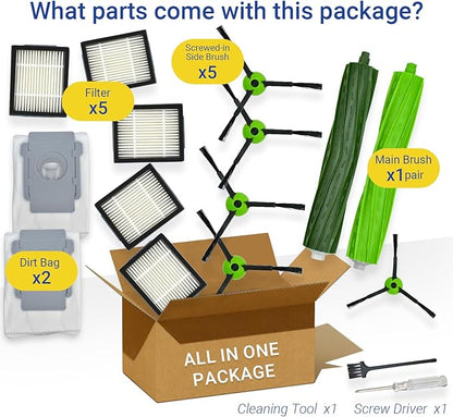 Replacement Parts Accessories for iRobot Roomba J Plus Series J5+ J6+ J7+ J8+ J9+ Vacuum Cleaner Attachment Kit,1 Main Brush, 2 Dirt Bag, 5 Side Brush, 5 Filter, 1 Caster Wheel (Not for Combo J7+/J9+)