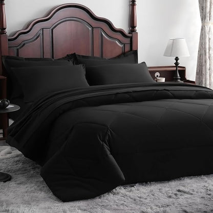 NTBAY Queen Comforter Set with Sheets, 7 Pieces Soft and Breathable Queen Bedding Set, Bed in a Bag, Down Alternative Comforter Set Solid Color All Season, Queen Bedding Set, Black