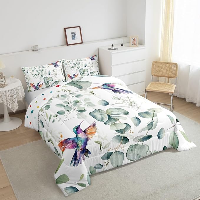 Erosebridal Cartoon Hummingbird King Size Comforter Set Toddler Wildlife Bird Bedding Set, Spring Plant Down Comforter Eucalyptus Leaf Bed Set, Jungle Animal Theme Quilted Duvet Kids Room Decor