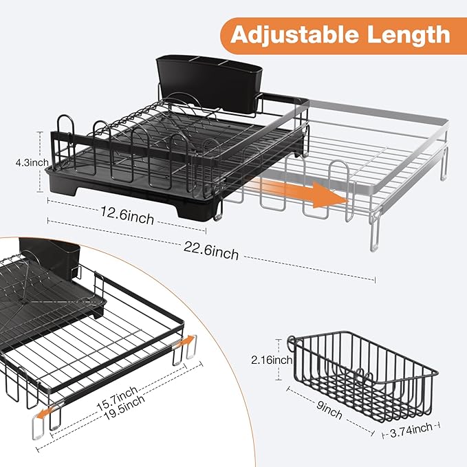 Dish Drying Rack,Extendable Dish Rack,Drying Rack with Automatic Drainboard，Dish Drainers for Kitchen Counter,Anti-Rust Dish Drainers with Cup Holders & Utensil,Black