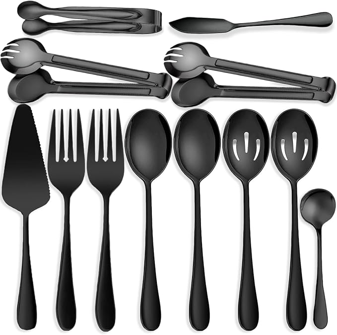12 PCS Stainless Steel Serving Utensils - Large and Slotted Spoons, Forks, Tongs Bundle, Perfect for Buffet Catering and Parties, Black