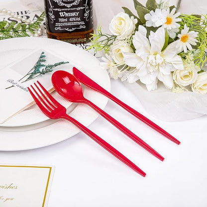 PULOTE 150PCS Red Plastic Silverware Set - Heavy Duty Plastic Cutlery - Red Utensils Disposable Include 50 Forks, 50 Spoons, 50 Knives for Party, Wedding & Mother’s Day