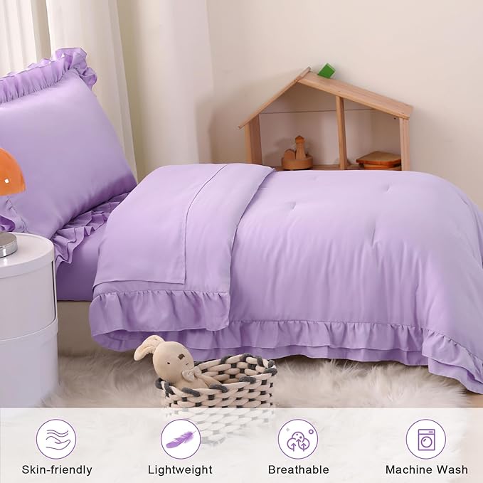 Wowelife 4 Pieces Toddler Bedding Set for Girls, Double Ruffles Comforter Sets Lavender Purple, Cozy and Comfortable Bedding Set Includes Comforter, Fitted Sheet, Flat Top Sheet and Pillowcase