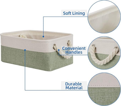 Temary Small Storage Baskets Small Fabric Bins for Closet, 6 Pack Decorative Storage Boxes with Rope Handles for Organizing Clothes, Canvas Storage Basket(White&Green,11.8L x 7.9W x 5.3H inches)