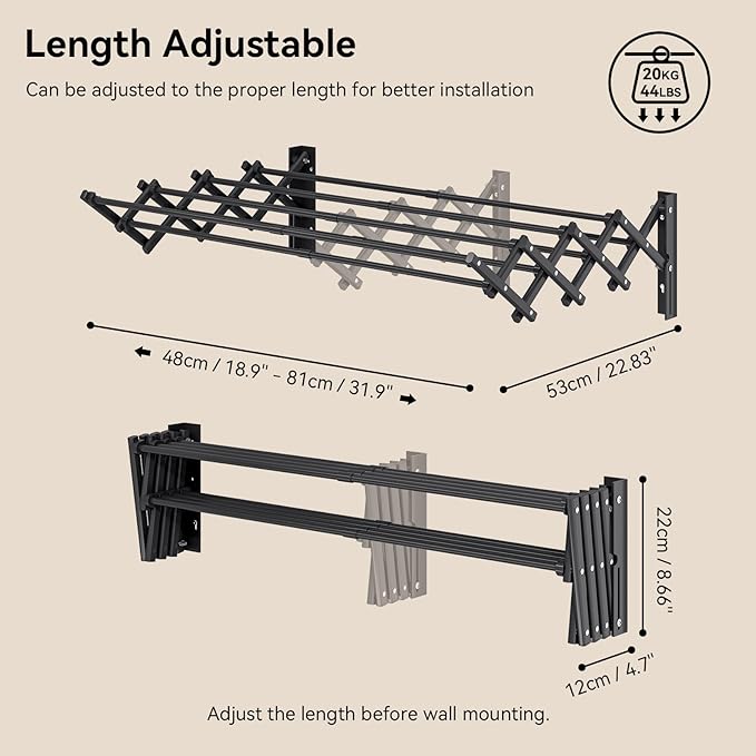 APEXCHASER Clothes Drying Rack Wall Mount, Laundry Drying Rack, Accordion Collapsible Clothes Airer, Towel Racks for Bathroom Balcony Laundry Room Wall Mounted, Drying Rack for Clothing, Black