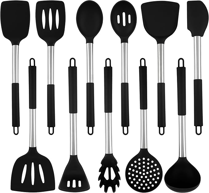 Large Silicone Kitchen Cooking Utensils Set, 11 pcs Cooking Utensils, Kitchen Tools Gadgets for Nonstick Cookware, Spatula, Turner, Masher, Ladle, Strainer, Server, BPA FREE, Dishwasher Safe (Black)