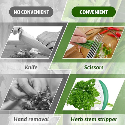 Herb Scissors SaladScissors, Upgrade HerbScissors with 5 Blades and Cover + 2 Brush, Kitchen SaladScissors with Herb Stripping, MultiScissors HerbCutter, Smart Cutter FoodScissors Chopper, Green