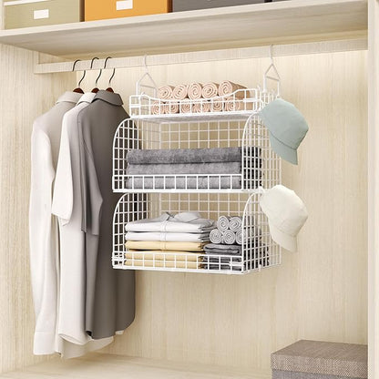 HapiRm Hanging Closet Organizer Storage - 3 Tier Metal Stackable Hanging Closet Shelves with Dividers and S Hooks, Foldable Clothes Shelves for Clothes, Pants, Shoes, Coat, Hats Clutches Accessories