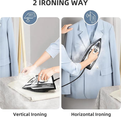 Steam Iron for Clothes Rapid Heating, 1700W Iron with Non-Stick Ceramic Soleplate, 3-Way Auto-Off, Burst of Steam, Self-Cleaning, 14.07oz Water Tank Ironing Clothes for Home, Grey