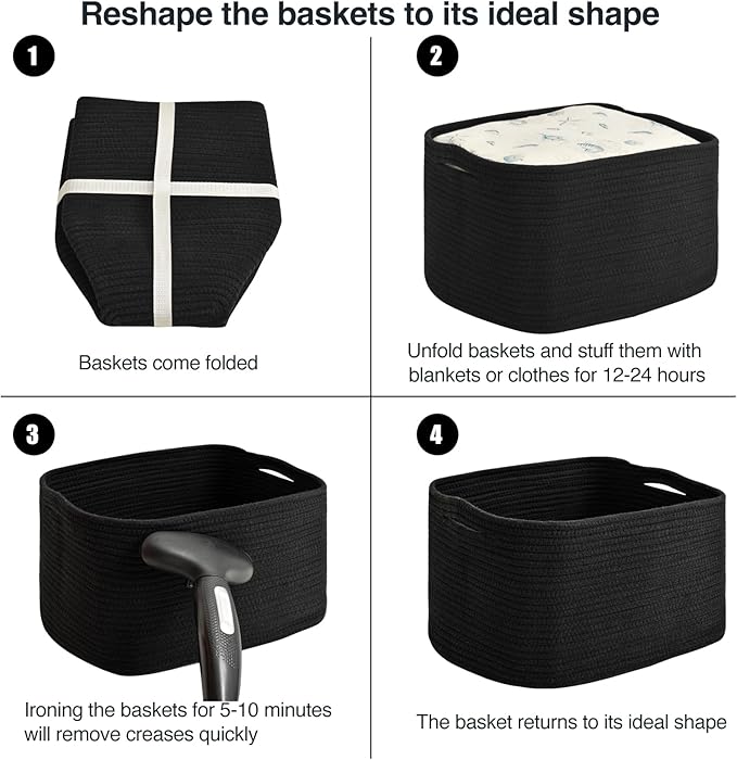 Large Storage Baskets for Organizing Shelves, Woven Cotton Rope Bins for Baby Nursery Organization, Book Toy Towel Organizer, 17"x13"x9.5", 3 Packs, Black