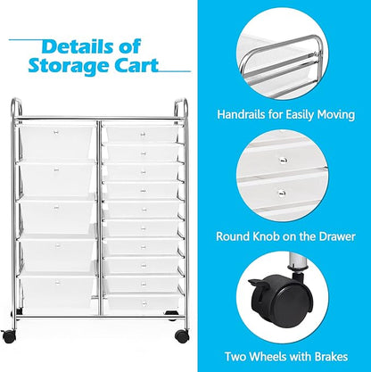 GOFLAME 15-Drawer Rolling Storage Cart, Multipurpose Movable Organizer, Utility Cart for Home, Office, School, Clear
