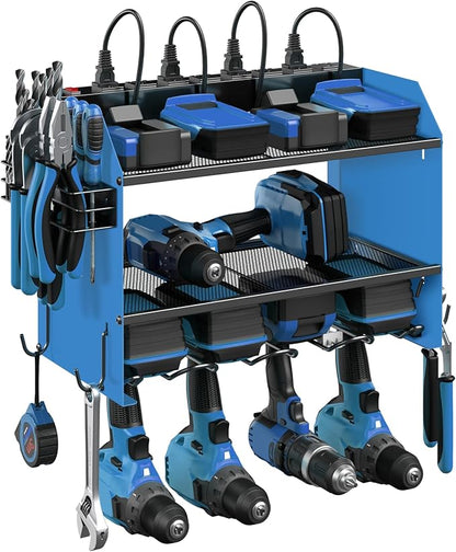 CCCEI Modular Power Tool Organizer Wall Mount with Charging Station. Garage Drill Storage Shelf with Hooks, Heavy Duty Rack, Tool Battery Holder Built in 8 Outlet. Gift for Men. Blue, 1 Pack.