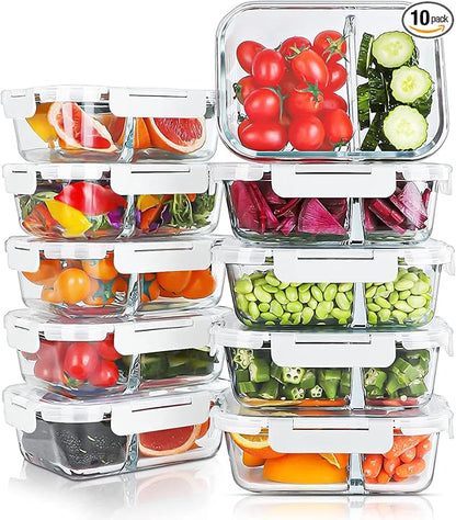 KOMUEE 10 Packs 30oz Glass Meal Prep Containers 2 Compartments,Glass Food Storage Containers with Lids,Airtight Lunch Bento Boxes,Oven,Freezer and Dishwasher Safe, White