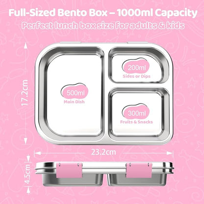 Stainless Steel Lunch Box 1000ml - 3 Compartment Bento Box for Kids & Adults, Leakproof Food Container, BPA-Free Metal Lunch Box with Silicone Seal, Eco-Friendly/Dishwasher Safe (Pink)