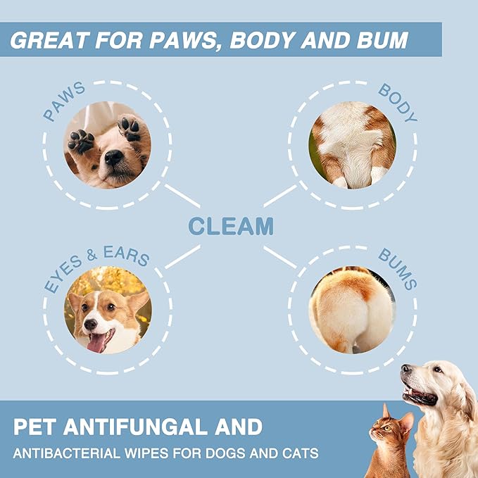 Antifungal and Antibacterial Wipes for Dogs & Cats, Dog Yeast Infection Treatment Wipes, All Natural Grooming Wipes for Cleaning, Help with Hot Spots, Ringworm, and Skin Infections, 160 Count