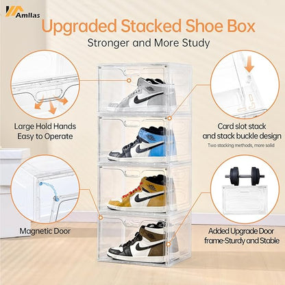 8 Pack Shoe Boxes Clear Plastic Stackable, Large Shoe Storage Organizer with Lids,Drop Side Shoe Containers for Entryway,Sneaker Storage Fit up to US Size 13 (13’’x 10.6”x 8.3”)