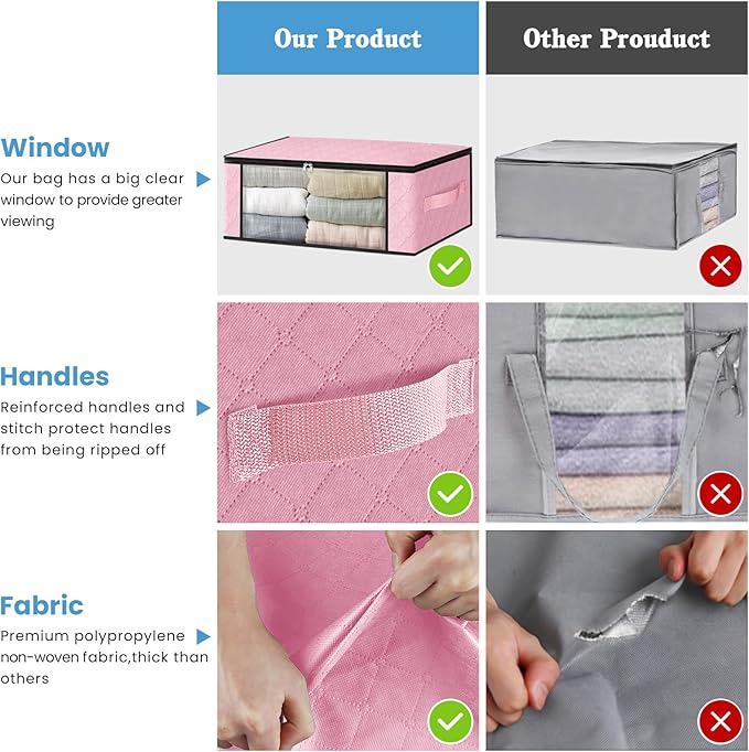 HomeHacks Storage 4-Pack Clothes Organizer Storage Bags Foldable Storage Box with Large Clear Window Sturdy Handles for Closet, Dorm, Pillows, Bedding, Clothes, Blankets, 35L, Pink