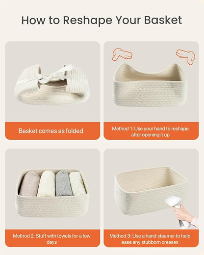 Small Woven Basket, 12 x 8 x 4.5 Inches, Storage Basket for Organizing, Cute Small Rope Shelf Closet Cube Storage Bins Baskets for Shelves, Dog Toy Gift Baskets Empty, 3 Packs, Off White