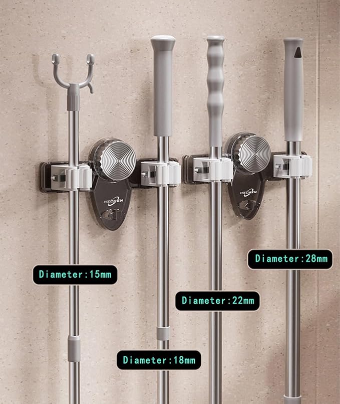 Mop and Broom Holder Wall Mount, No Punching Required Broom and Mop Organizer Wall Hanging with Hooks for Bathroom, Laundry Room, Garage, Kitchen,Garden Tool Organizer Storage (4pcs Gray)