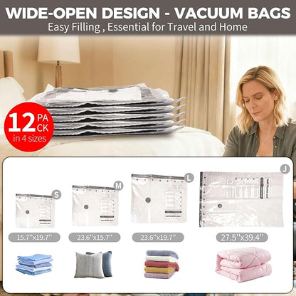 12 Pack Vacuum Storage Bags for Travel with Electric Pump - (3J+3L+3M+3S) Vacuum Seal Bags for Clothing Travel, Space Saver Compression Packing Bags for Luggage, Clothes, Bedding